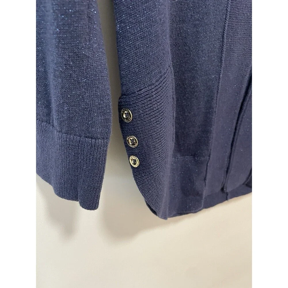 Lilly Pulitzer Micaila Cardigan Sweater Navy Metallic Open Longline Tulip Hem XS - Picture 2 of 7